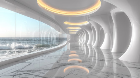 A long hallway with curved walls and windows overlooking the ocean, AIの素材