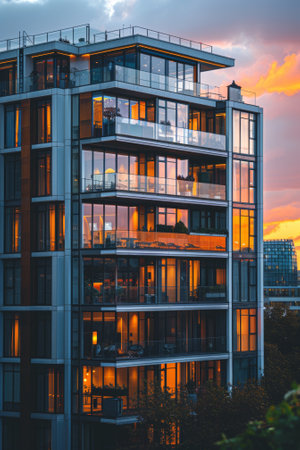 A tall building with many windows lit up at dusk, AIの素材