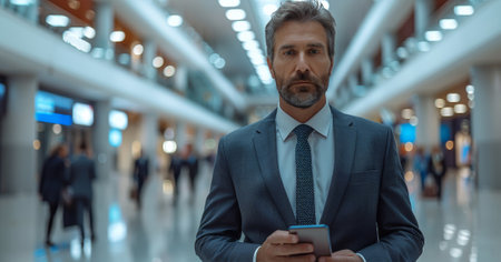 A man in a suit holding his cell phone while walking, AIの素材