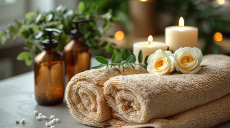 A towel with rose petals and candles on a table, AIの素材
