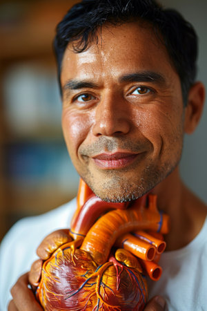 A man holding a model of his heart and lungs, AIの素材