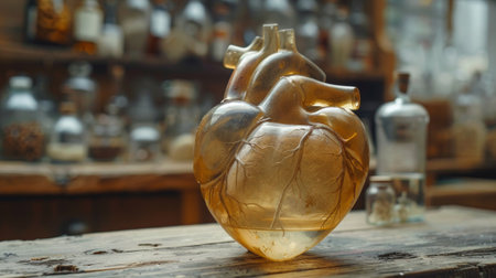 A glass heart on a wooden table with bottles and jars, AIの素材