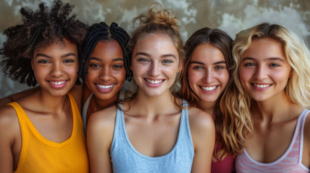 A group of women smiling for the camera in front of a wall, AIの素材