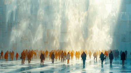 A group of people walking in a large room with water falling from the ceiling, AIの素材