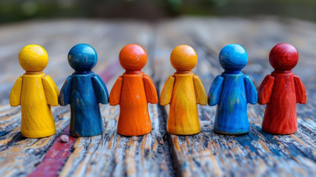 A group of wooden figurines are lined up in a row, AIの素材