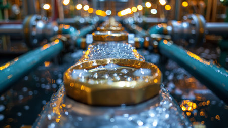 A close up of a bunch of pipes with gold rings on them, AIの素材