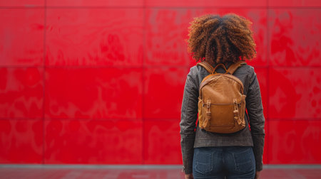 A woman with a backpack standing in front of red wall, AIの素材