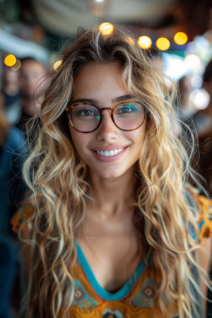 A woman with glasses smiling at the camera in a crowded area, AIの素材