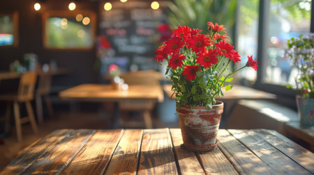 A vase of flowers in a wooden pot on top of table, AIの素材