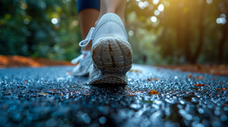 A close up of a persons feet walking on the road, AIの素材