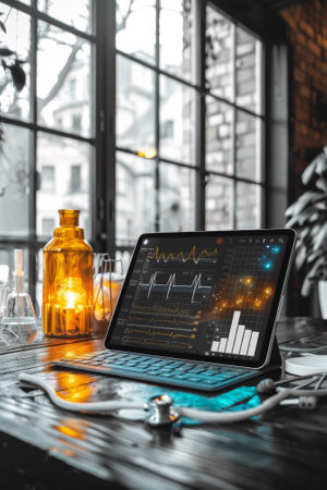 A laptop computer sitting on a wooden table with an orange light, AIの素材