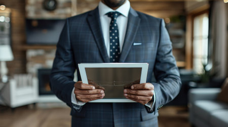 A man in a suit holding an electronic device with his left hand, AIの素材