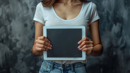 A woman holding a tablet computer in her hands, AIの素材