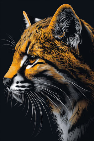 A close up of a tigers face with black background, AIの素材