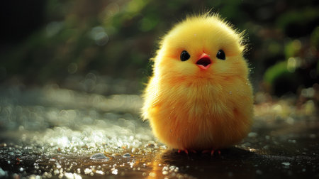 A small yellow bird sitting on the ground with water droplets, AIの素材