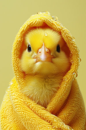 A small yellow bird wrapped in a towel with its head sticking out, AIの素材