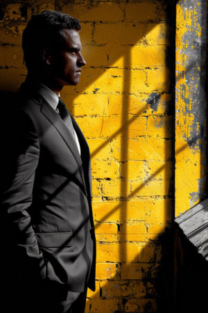 A man in a suit standing next to yellow brick wall, AIの素材