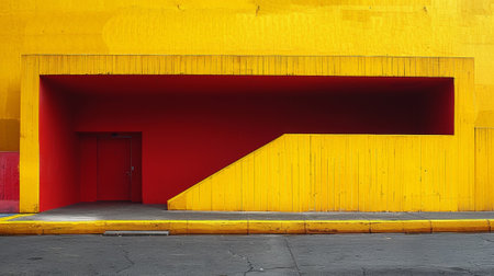 A yellow building with a red door and steps leading up to it, AIの素材