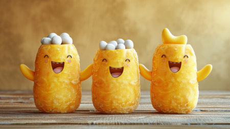 Three yellow and white shaped objects with eyes, mouths and a face, AIの素材