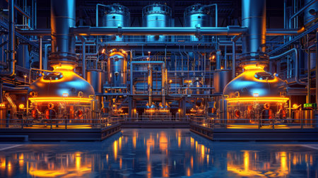 A large industrial building with a lot of pipes and lights, AIの素材