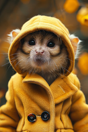 A small animal wearing a yellow coat with hood, AIの素材