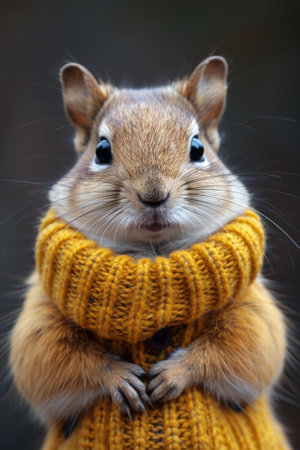 A squirrel wearing a yellow sweater with arms crossed, AIの素材
