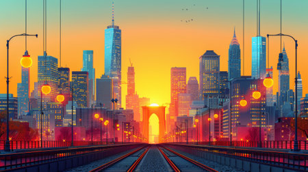 A cityscape with a train track and lights in the distance, AIの素材