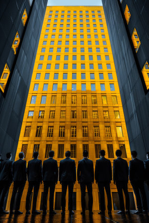 A group of men in suits standing outside a tall building, AIの素材