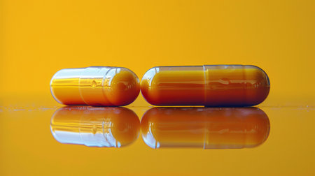 Two orange pills sitting on a yellow surface with water, AIの素材