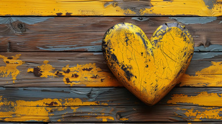 A heart shaped object on a wooden wall with yellow paint, AIの素材