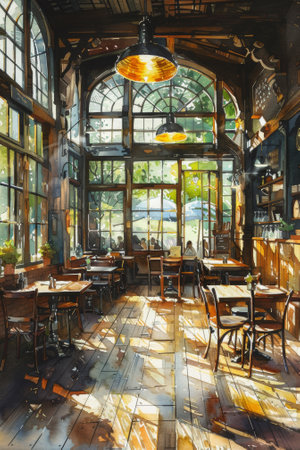 A painting of a restaurant with lots of windows and tables, AIの素材