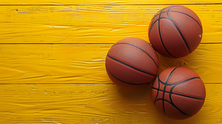 Three basketballs on a yellow table with one ball in the middle, AIの素材