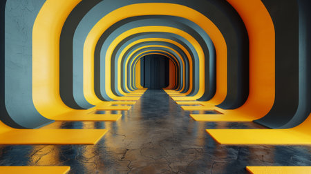 A long tunnel with yellow and blue walls that are painted, AIの素材