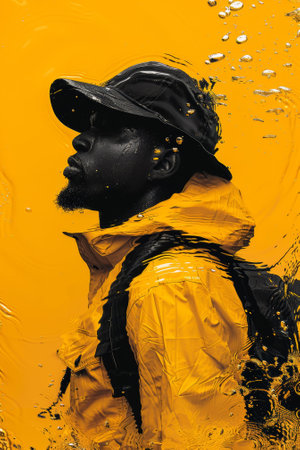 A man in a yellow jacket and hat standing under water, AIの素材