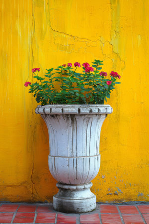 A white vase with flowers in front of a yellow wall, AIの素材