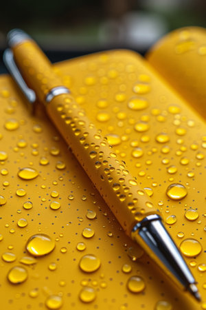 A yellow notebook with water droplets on it and a pen, AIの素材