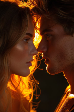 A man and woman looking at each other with the sun shining on them, AIの素材