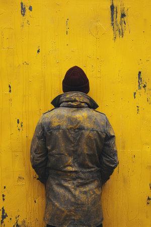 A man in a jacket standing against yellow wall with graffiti, AIの素材