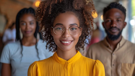 A group of people standing in a line with one woman smiling, AIの素材