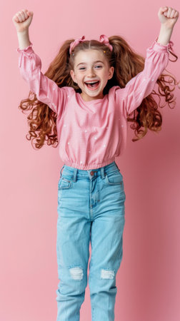 A girl in pink shirt and jeans jumping up with her arms raised, AIの素材