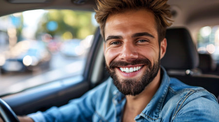 A man smiling while driving a car with his hands on the wheel, AIの素材