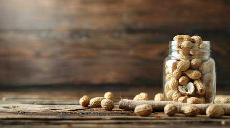 A jar of nuts on a wooden table with some peanuts in it, AIの素材