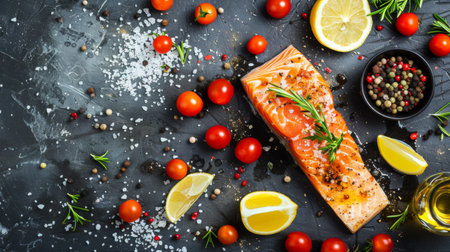 A close up of a salmon fillet with lemon, tomatoes and herbs, AIの素材