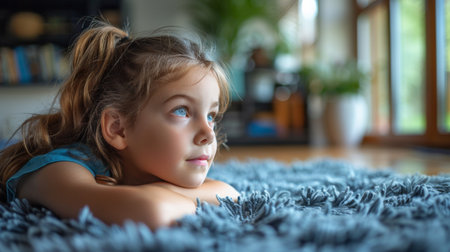A young girl laying on a rug looking out the window, AIの素材