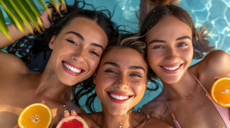 Three women are smiling while holding oranges and grapefruits, AIの素材