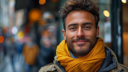 A man with a beard and scarf smiling in front of people, AIの素材