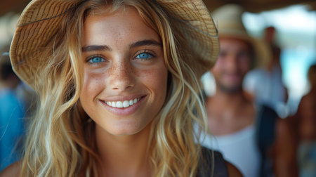 A woman with a hat smiling and looking at the camera, AIの素材