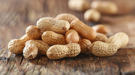 A pile of peanuts on a wooden table with some shells, AIの素材