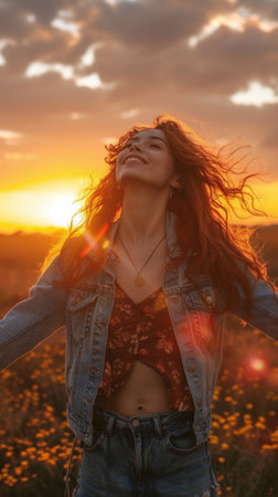 A woman standing in a field with her arms outstretched, AIの素材