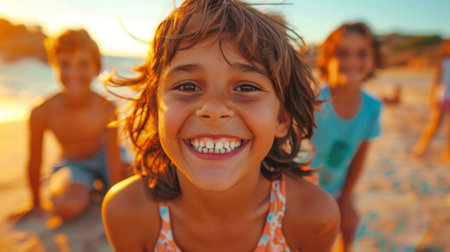 A group of a little girl smiling at the camera on the beach, AIの素材